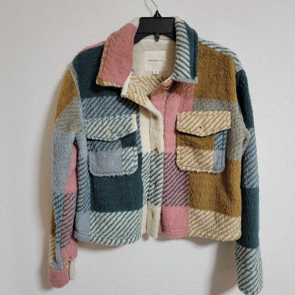 Thread and Supply Multi Color Plaid Fleece Jacket.